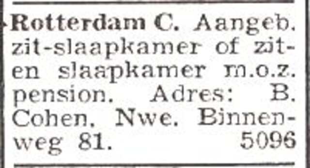 Advertentie te huur aangeboden van het gezin Barend Abraham Cohen