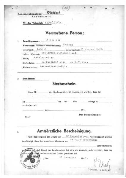 overlijdensbericht Abraham Noach KZ Stutthof