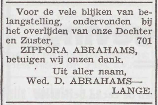 Dankbetuiging van de familie Abrahams