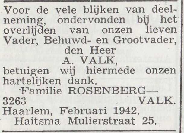 Dankbetuiging van de familie Rosenberg-Valk