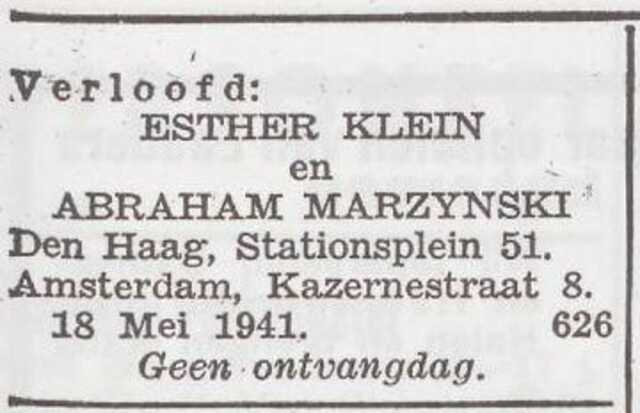 Bekendmaking van de verloving van Abraham Marszynski en Esther Klein