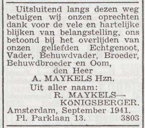 Dankbetuiging van de familie Maykels