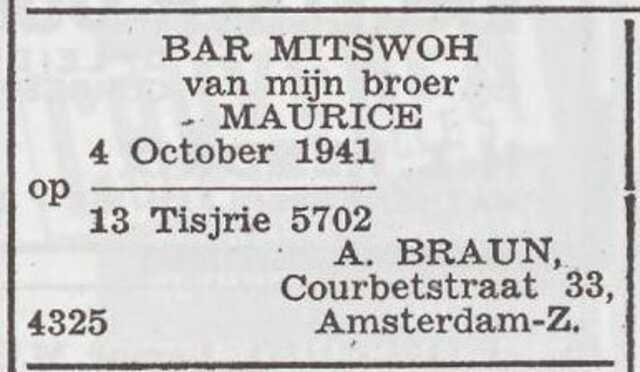 Aankondiging van de bar mitswa van Maurcie Braun