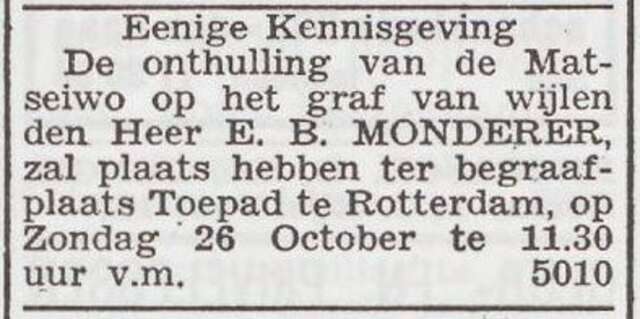 Aankondiging onthulling grafsteen van Eljakim Monderer