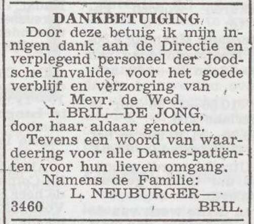 Dankbetuiging van de familie Neuburger-Bril