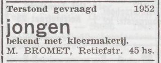 Advertentie van kleermaker Machiel Bromet