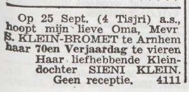 Viering van de 70ste verjaardag van Sientje Klein-Bromet