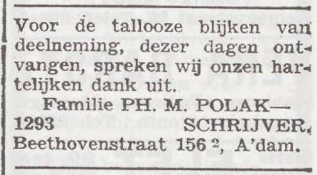Dankbetuiging van de familie Polak-Schrijver