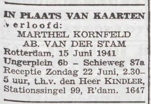 Bekendmaking van de verloving van Abraham van der Stam en Matla Kornfeld
