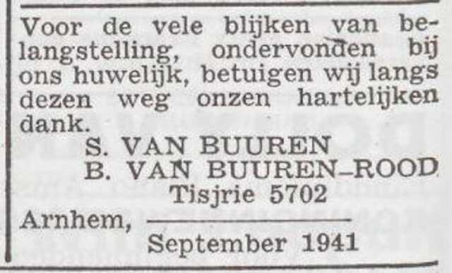 Dankbetuiging van Samuel en Bep van Buuren-Rood