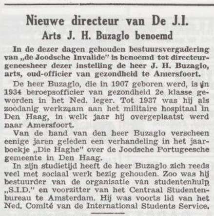 Benoeming van dr. Jacques H. Buzaglo tot directeur Joodse Invalide