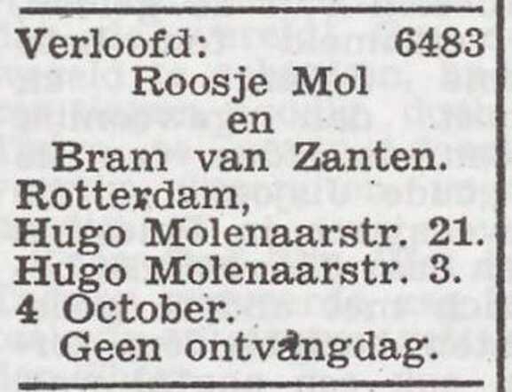 Bekendmaking van de verloving van Abraham van Zanten en Roosje Mol
