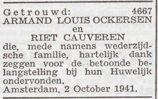 Bekendmaking van het huwelijk van Armand Louis Ockersen en Marie Cauveren