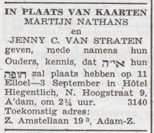 Aankondiging van de huwelijksinzegening van Martijn Nathans en Jenny van Straten