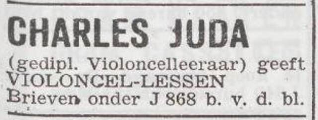 Advertentie van violoncel-leraar Charles Juda