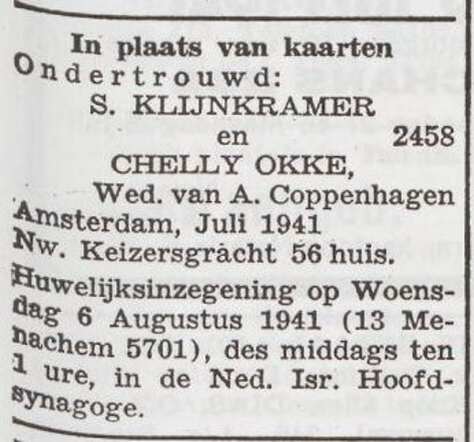 Aankondiging van de huwelijksinzegening van Samuel Klijnkramer en Rachel Okker