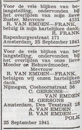 Dankbetuiging van Rebekka Frank en de familie Van Emden