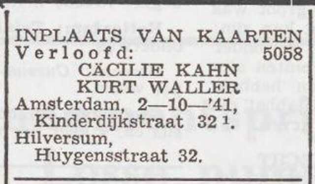 Bekendmaking van de verloving van Cäcilie Kahn en Kurt Waller