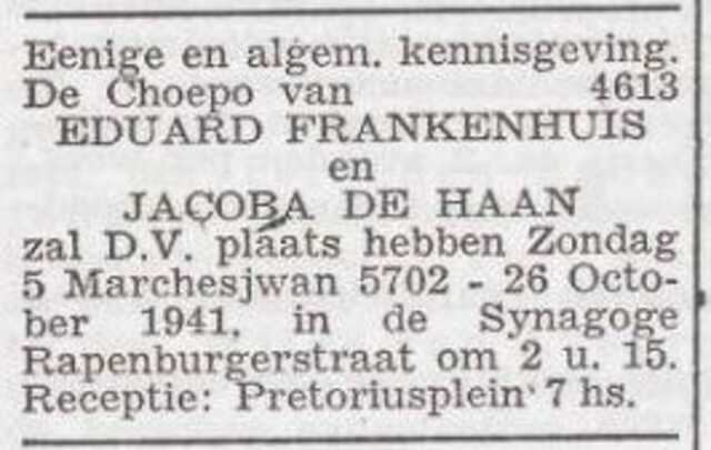 Aankondiging van de huwelijksinzegening van Eduard Frankenhuis en Jacoba de Haan