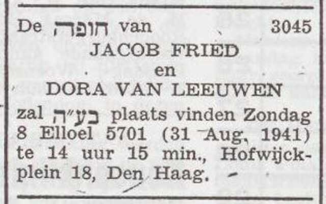 Aankondiging van de huwelijksinzegening van Jacob Fried en Dora van Leeuwen
