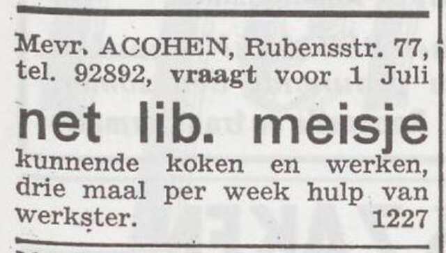 Advertentie van Suze Acohen-de Vries