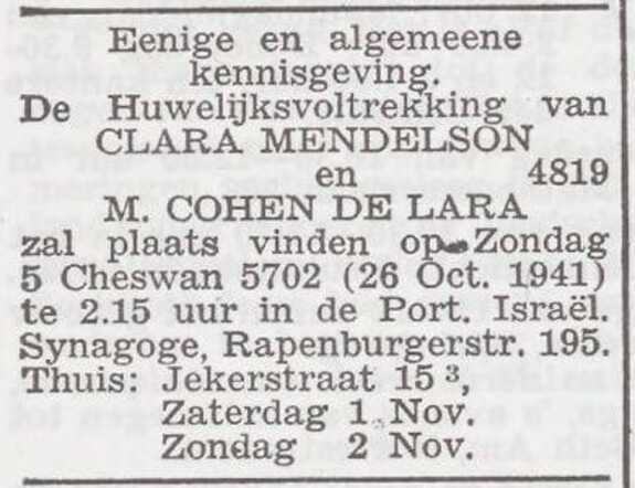 Aankondiging van de huwelijksinzegening van Meijer Cohen de Lara en Clara Mendelson