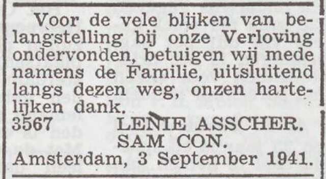Dankbetuiging van Helena Asscher en Samuel Con