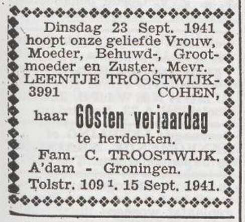 Viering van de 60ste verjaardag van Leentje Troostwijk-Cohen