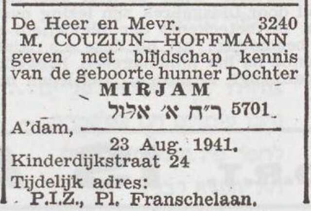 Bekendmaking van de geboorte van Mirjam Couzijn