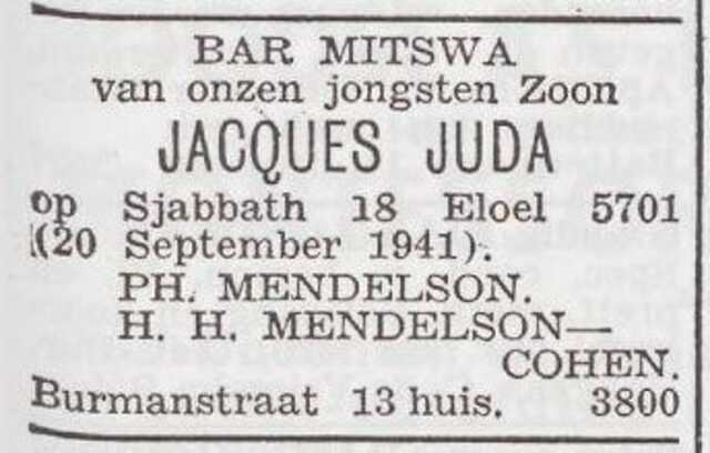 Aankondiging van de bar mitswa van Jacques Juda Mendelson