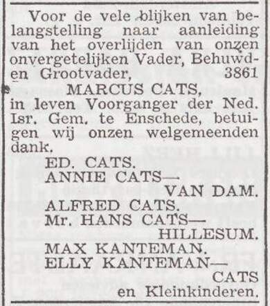 Dankbetuiging van de familie Cats