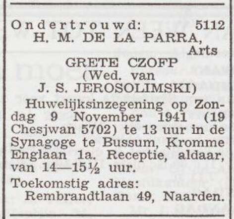 Aankondiging van de huwelijksinzegening van Herman de la Parra en Grete Czopp