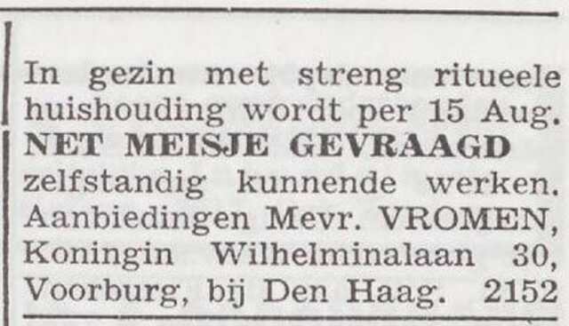 Advertentie van Sophia Vromen-van Dam