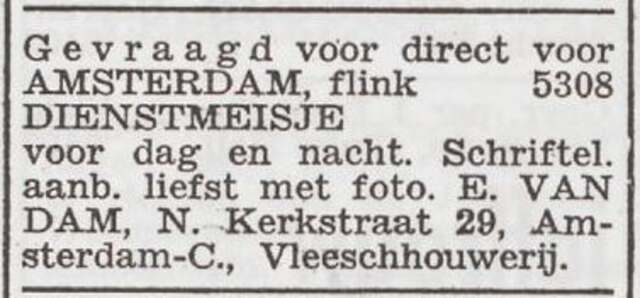 Advertentie 'personeel gevraagd' van slager Emanuel van Dam