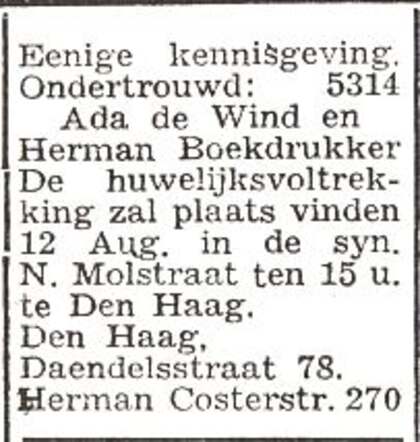 Aankondiging van de huwelijksinzegening van Adelheid de Wind en Herman Boekdrukker