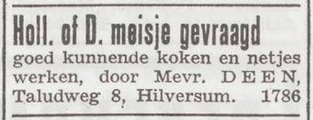 Advertentie van mw. Deen