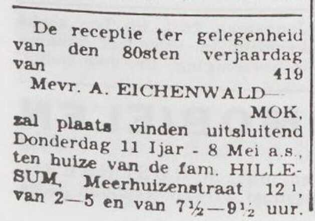 Viering 80ste verjaardag van Adele Eichenwald-Mok