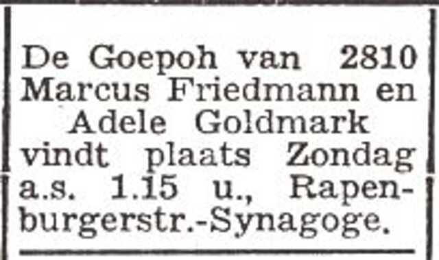 Aankondiging van de huwelijksinzegening van Adele Goldmark en Marcus Friedmann