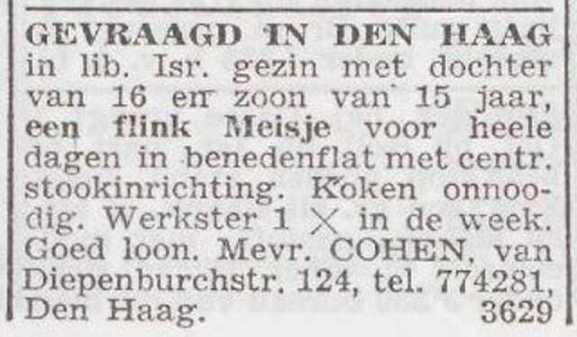 Advertentie 'personeel gevraagd' van Sylvia Cohen-de Levie