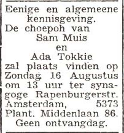 Aankondiging van de huwelijksinzegening van Samson Muis en Adelheid Anna Tokkie