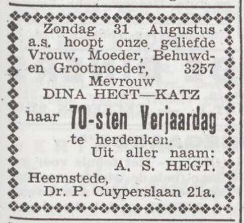 Viering van de 70ste verjaardag van Diena Hegt-Katz