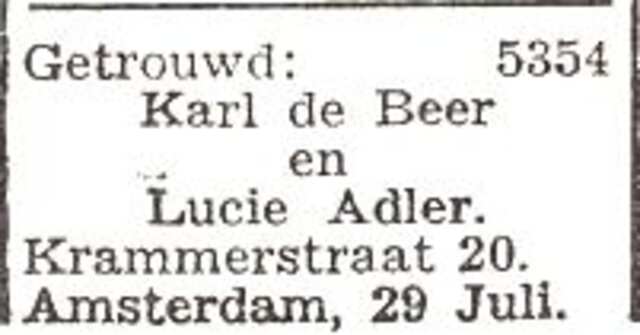 Bekendmaking van het huwelijk van Karl de Beer en Lucie Adler