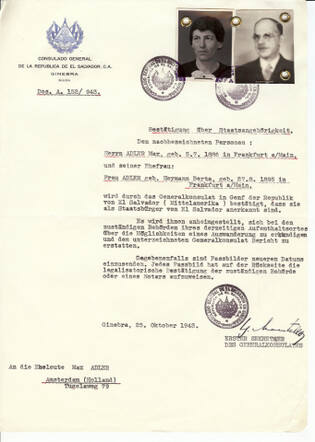 Ongeauthoriseerd bewijs van El Salvadoriaanse nationaliteit voor Markus Max Adler en zijn vrouw