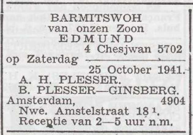 Aankondiging van de bar mitswa van Edmund Plesser
