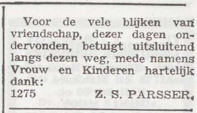 Dankbetuiging van Zadok Parsser