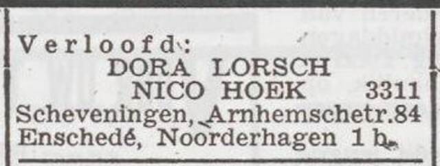 Bekendmaking van de verloving van Nico Hoek en Dora Lorsch