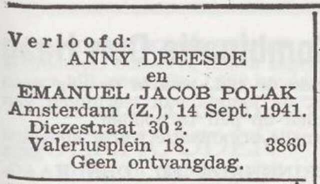 Aankondiging van de verloving van Anna Dreesde en Emanuel Polak