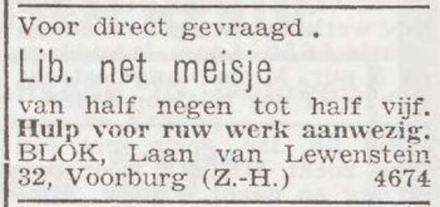 Advertentie 'personeel gevraagd' van het gezin Blok