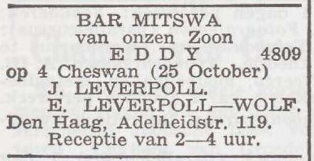 Aankondiging van de bar mitswa van Eddy Leverpoll