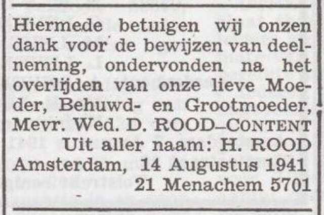 Dankbetuiging van de familie Rood
